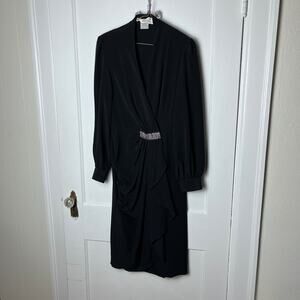 Vintage Lilli Ann Women's Black Long Sleeve Chiffon Rhinestone 80s Dress Size S